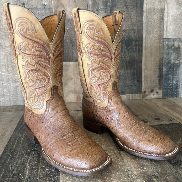 Lucchese CL1028 Ostrich Square Toe Western Cowboy Boots Mens 8.5 D - Picture 2 of 12